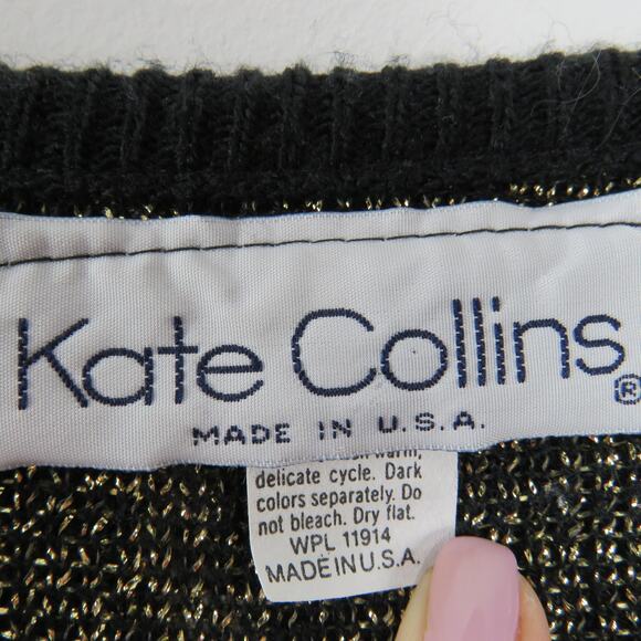 Kate Collins 1990s Vintage Black & Gold Chunky Knit Retro Sweater Medium Large - Picture 6 of 7